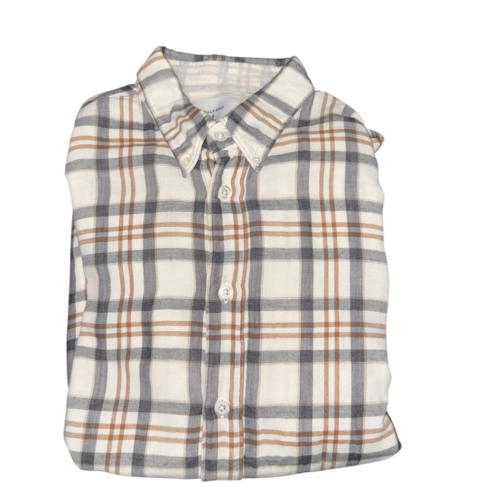Billy Reid Men’s Slim Plaid Shirt in Cream and Tan Button Down Size Medium